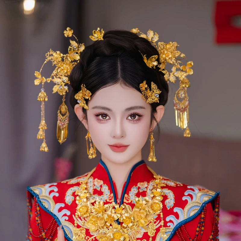 合金婚庆饰品 金色花朵中式新娘龙凤褂蝴蝶秀禾服国风配饰MT2516