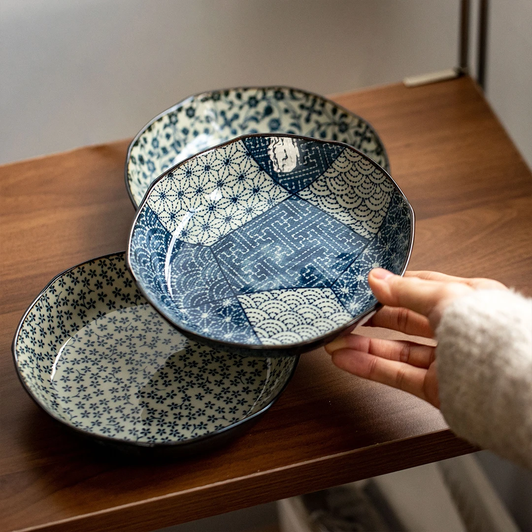 日本进口美浓烧古染唐草釉下彩餐具日式深盘菜盘早餐盘干果盘骨碟