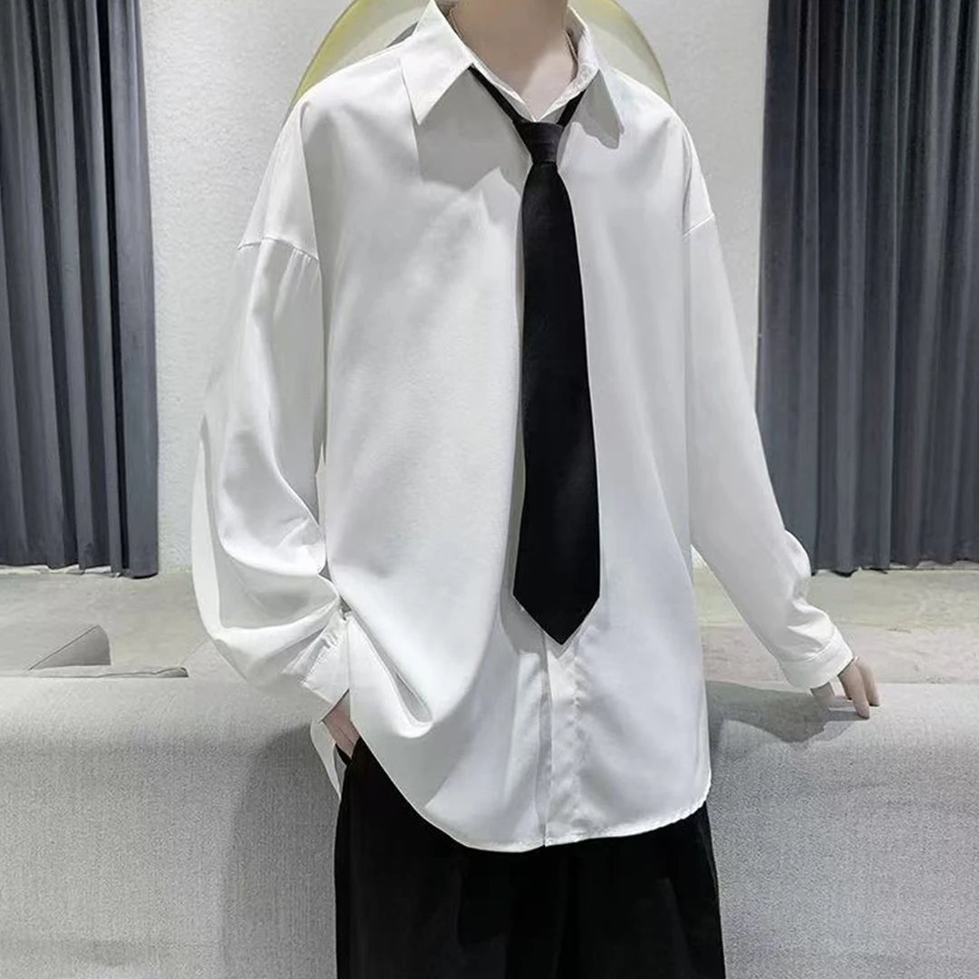 韩版简约配领带潮牌纯色防皱长袖衬衫春季高级感宽松慵懒垂感衬衣