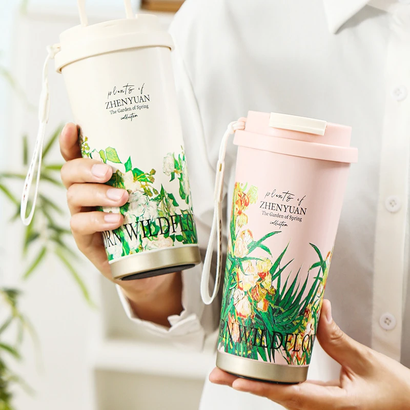 梵高系列新款轻奢保温杯双饮保冰316内胆咖啡杯吸管杯便捷