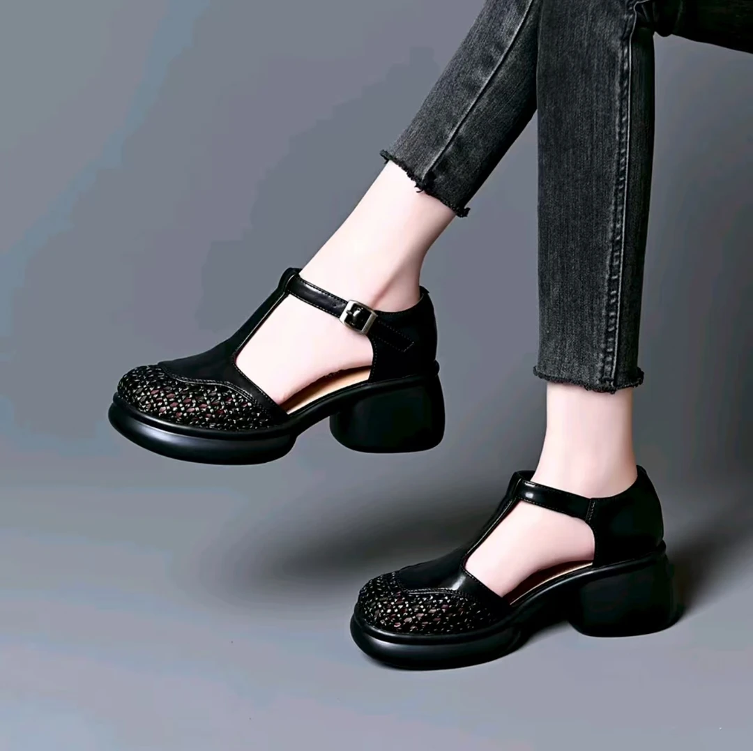 包头凉鞋女2025年夏季粗跟透气洞洞鞋包头玛丽珍编织镂空单鞋K7