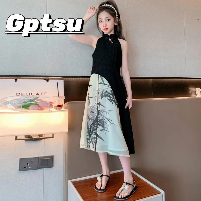 GPTSu女童复古新中式国风改良旗袍黑色水墨画连衣裙儿童无袖礼服