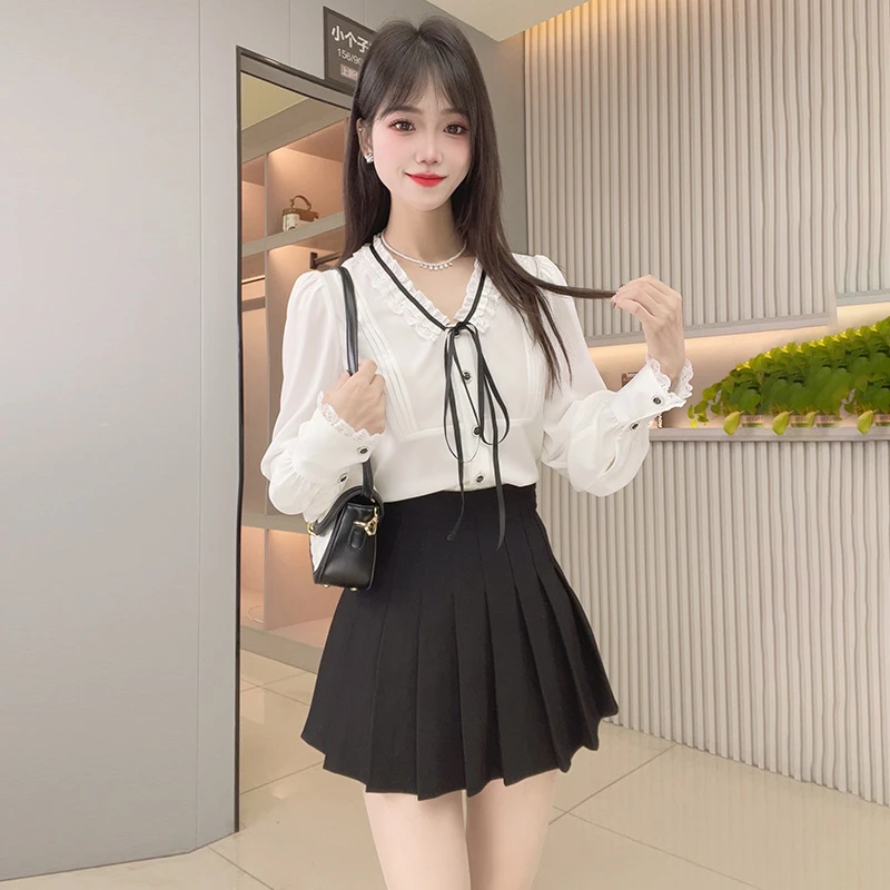 2025秋季新款法式甜美风木耳边V领系带衬蝴蝶结衬衫女装时尚修身