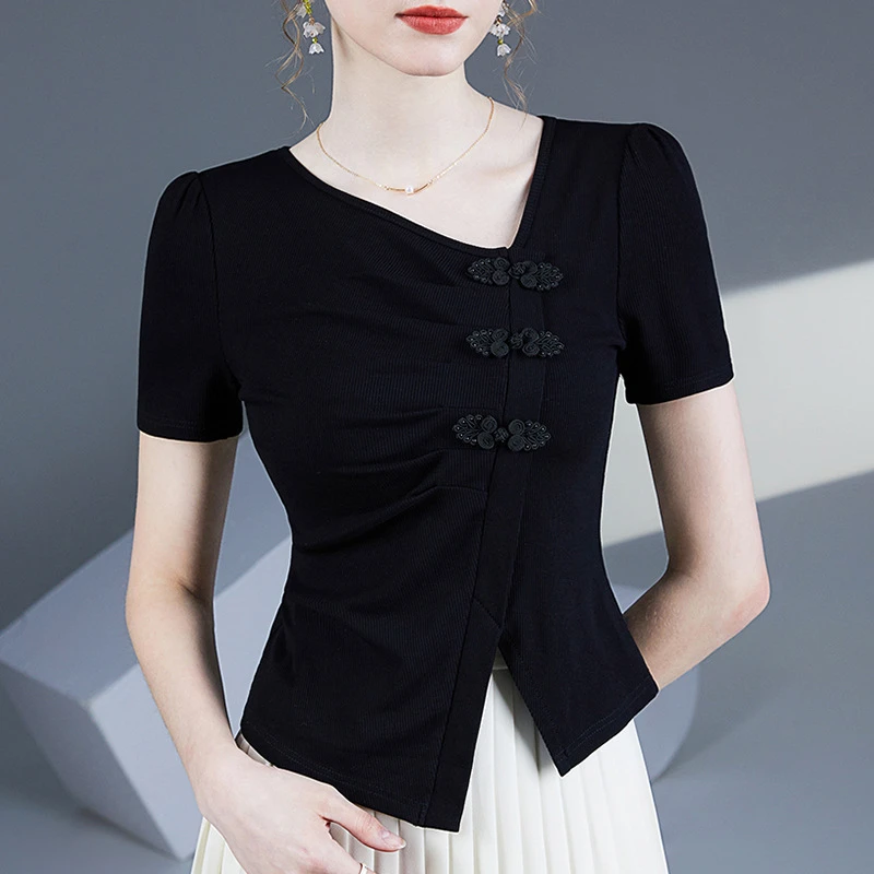 新中式高腰短袖上衣2025夏装新款不规则开叉摆短款显瘦女上衣
