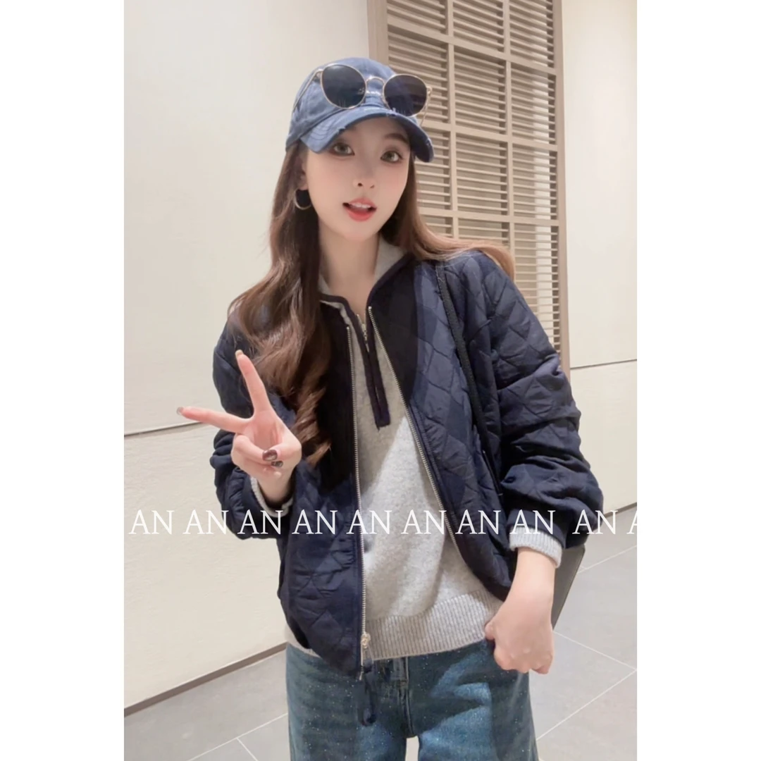 C09421韩系宽松潮流夹克百搭小个子菱格夹棉口袋棒球服外套