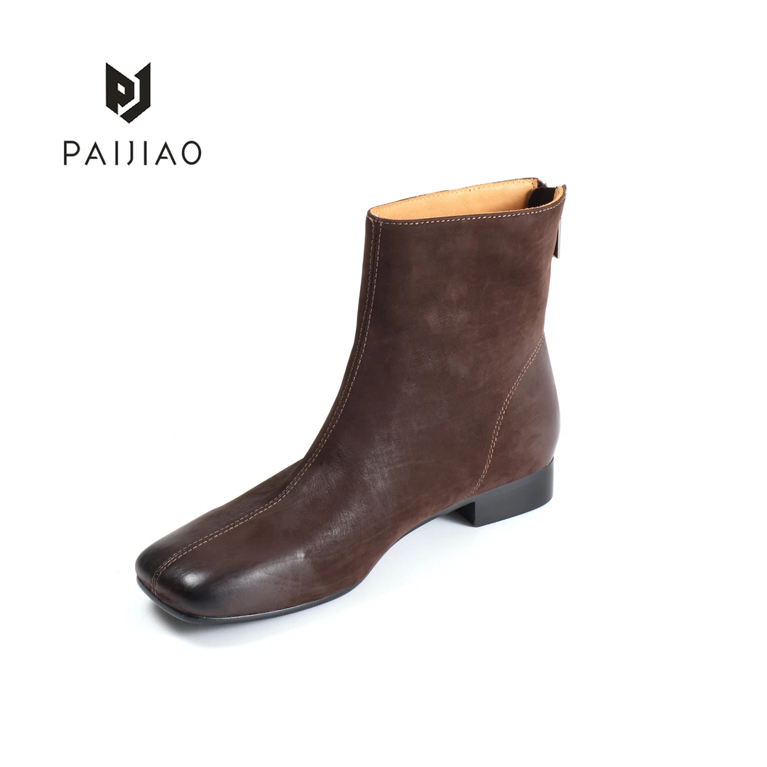 法式胎牛皮磨面粗跟瘦瘦靴女方头显瘦中缝马丁靴裸靴短靴XD113054