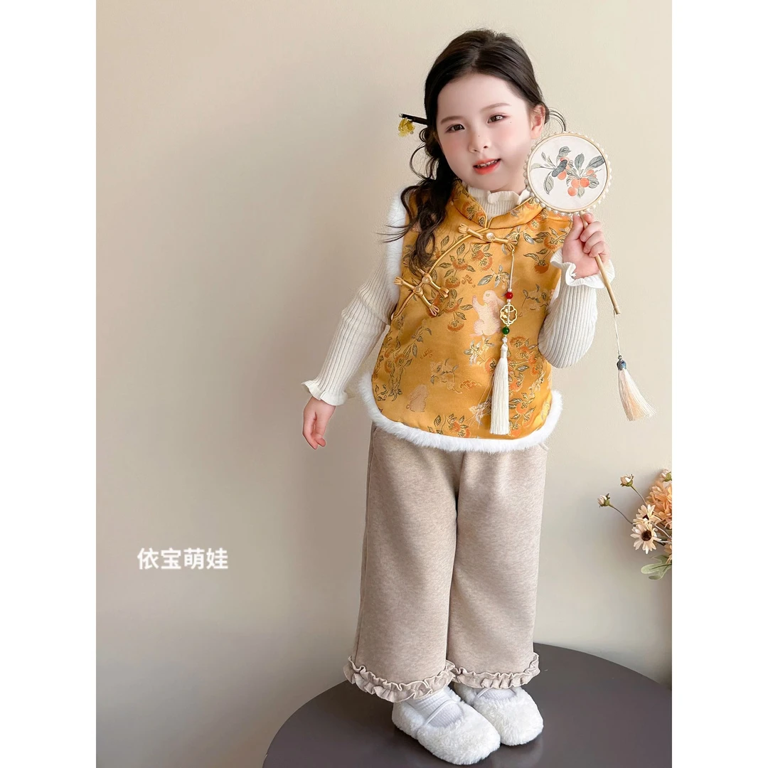 女童秋冬汉服套装2025新款洋气儿童国风新中式加厚保暖冬装三件套