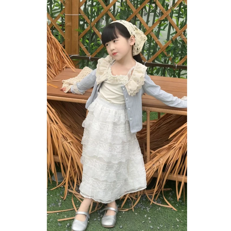 女童春装套装裙2025新款洋气儿童开衫外套花边长裙两件套宝宝春季