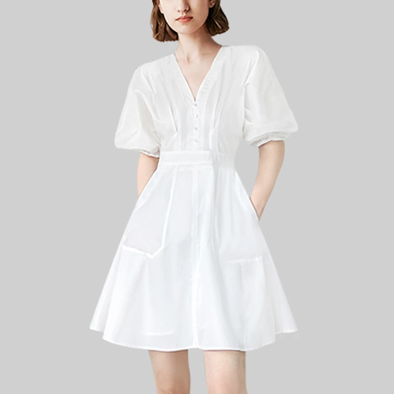 法式小个子泡泡袖白色连衣裙女2025年夏装宫廷风V领高腰大摆裙潮