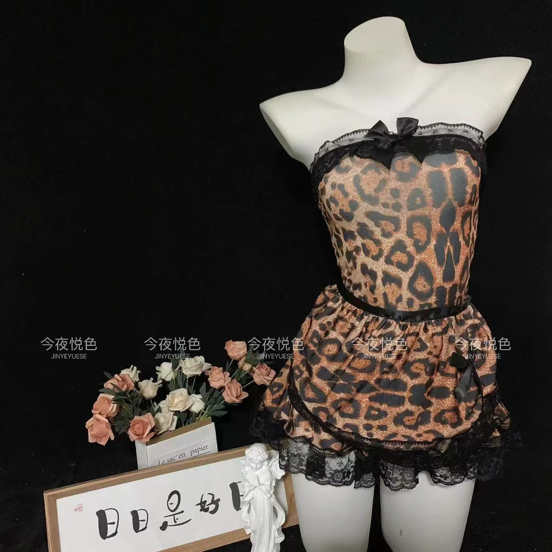 法式性感豹纹蝴蝶结小野猫露背连衣裙蕾丝抹胸开叉裙睡衣爆款新款