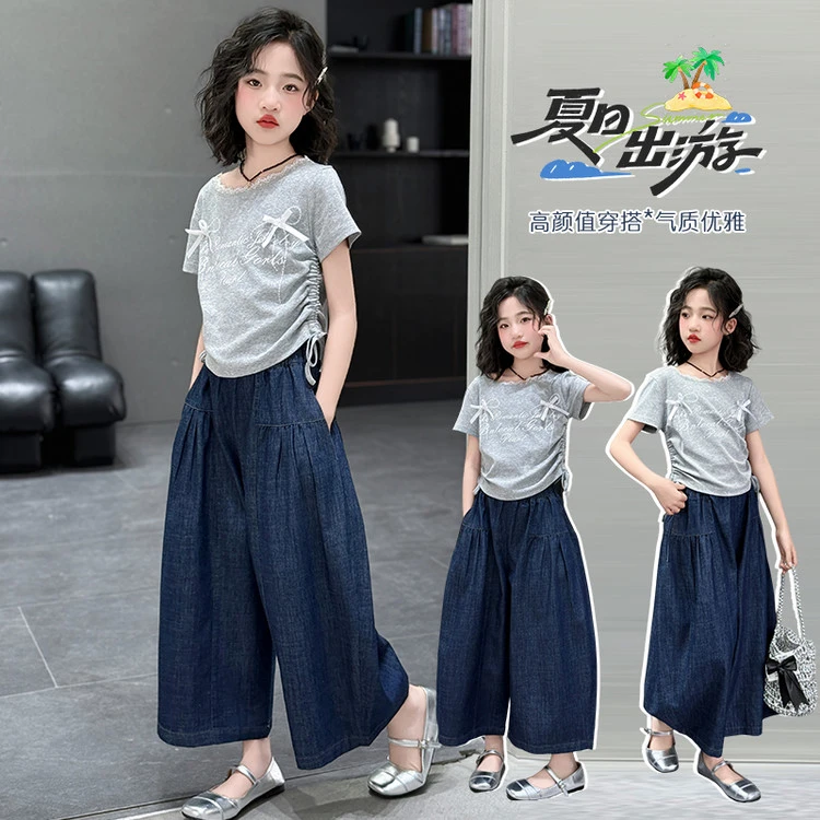 女童夏季短袖T恤八分阔腿裤牛仔裤套装两件套薄款宽松中大童夏装