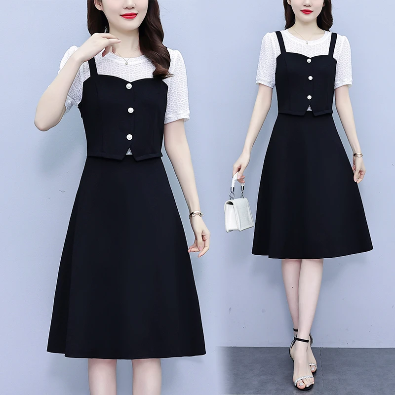 2025夏季流行新款时尚洋气女装胖mm气质减龄假两件背带显瘦连衣裙