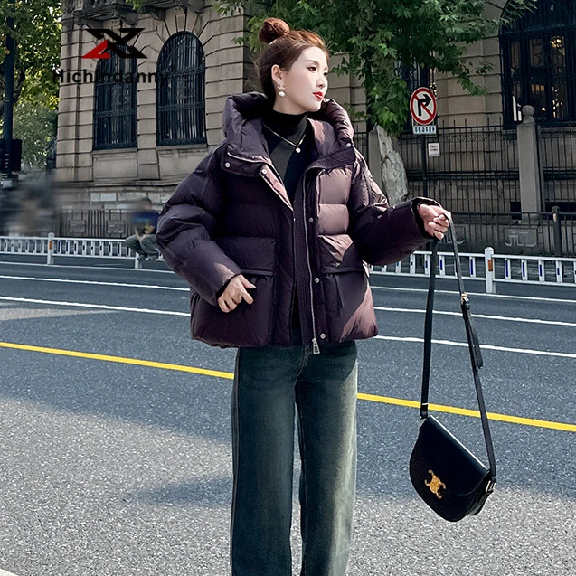 HICHIN泡芙羽绒服女短款冬季新款小个子连帽宽松面包服白鸭绒外套