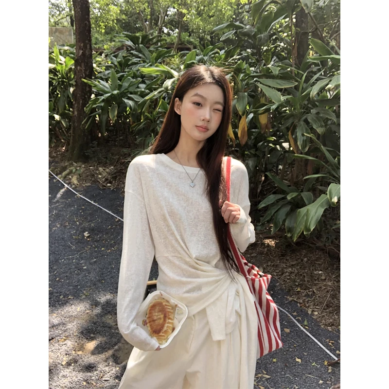 【氧气盛夏】T恤 时尚百搭通勤显瘦圆领长袖纯色T恤221C0101