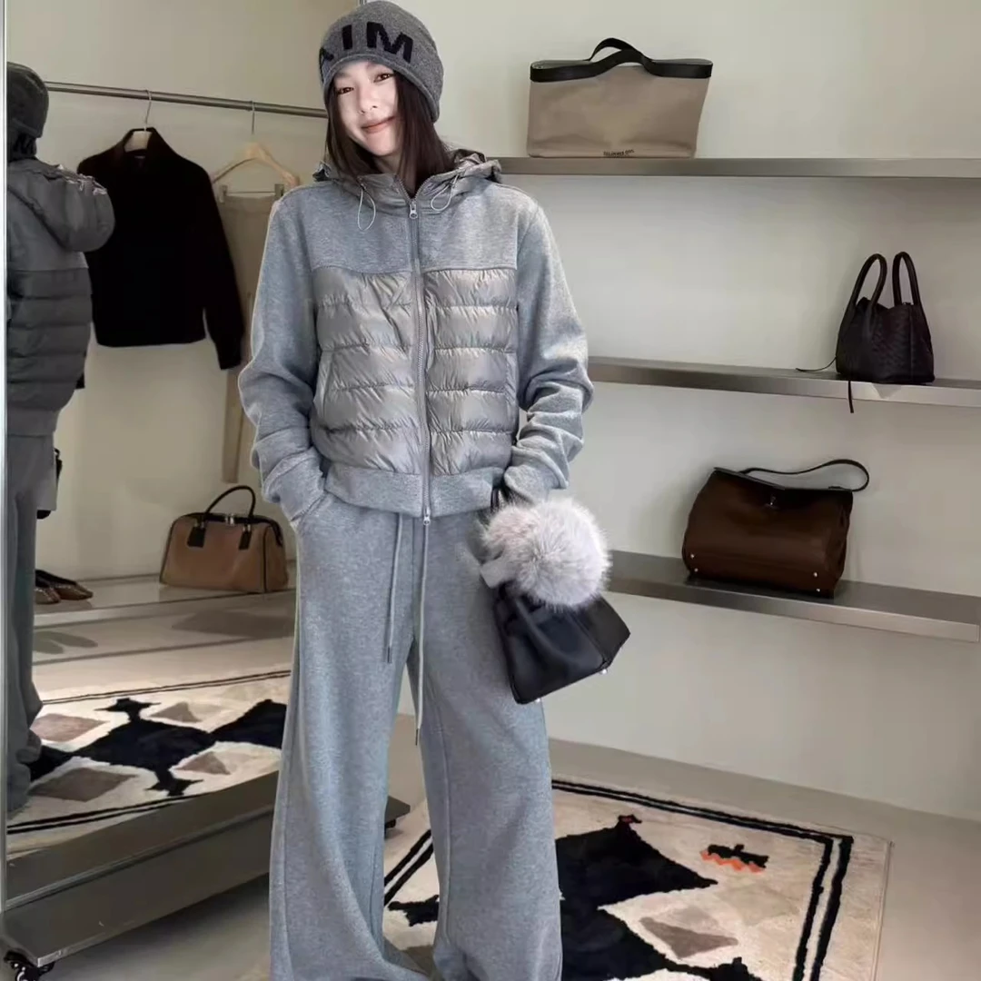 冬季时尚两件套女连帽加绒加厚外套上衣潮流新款保暖休闲直筒卫裤
