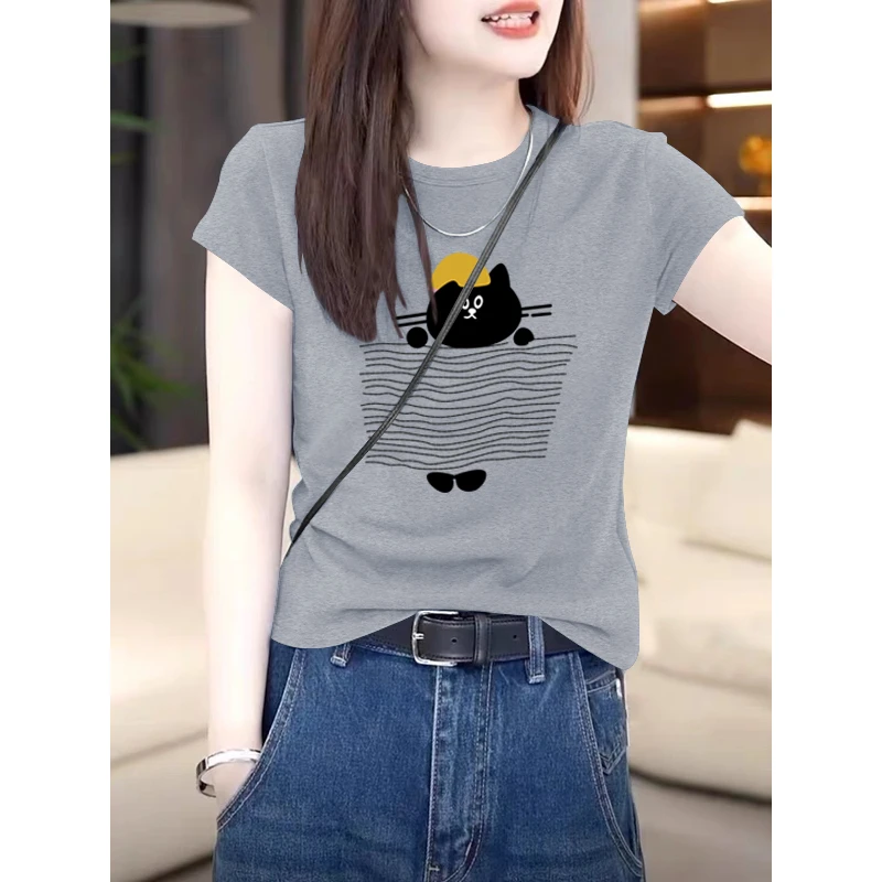 2025夏季正肩体恤纯棉圆领短袖t恤女装时尚百搭显瘦洋气灰色上衣