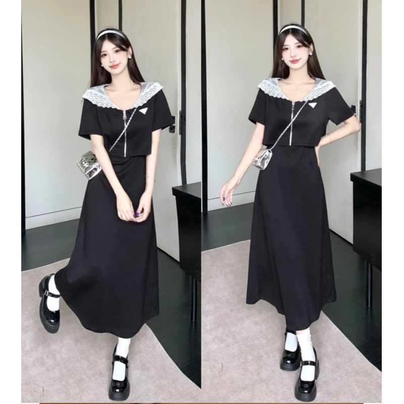 大码夏季新款假两件短袖蕾丝拼接连帽连衣裙显瘦法式气质休闲长裙
