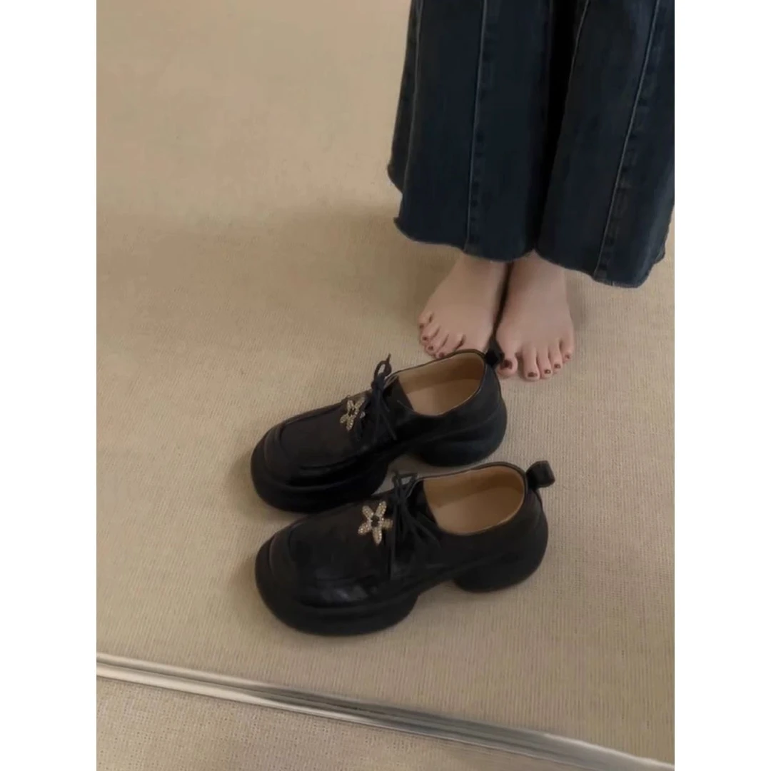 牛皮版~厚底增高圆头乐福鞋女系带复古黑色小皮鞋百搭英伦风单鞋
