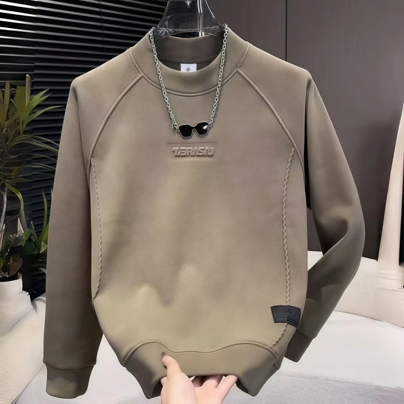 冬季新款男士百搭高密度重磅糯米绒中领圆领打底卫衣加绒52179