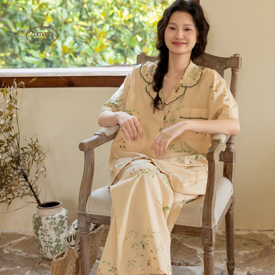 族玛士全纯棉睡衣2025新款夏款夏季天薄款短袖长裤简约大码家居服