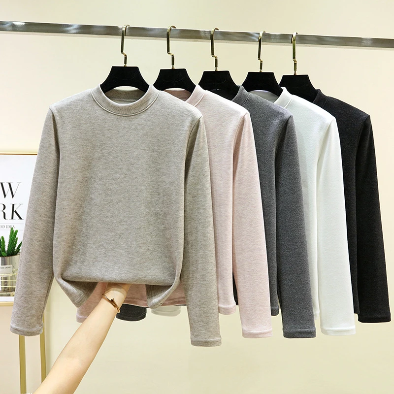 德绒立领保暖打底衫女士磨毛半高领长袖T恤秋冬加绒加厚中领上衣