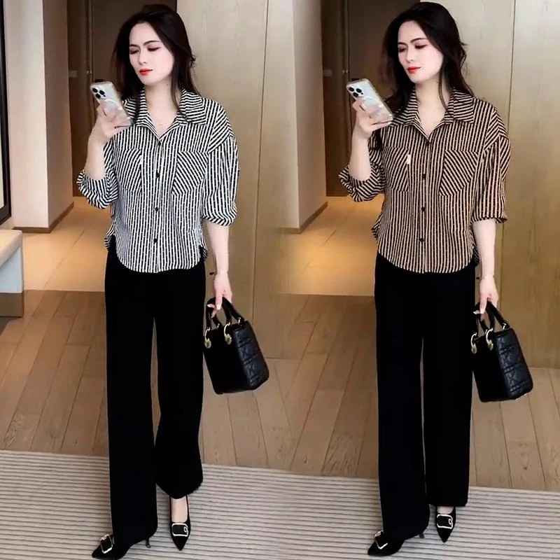 时尚休闲套装女2025春秋新款洋气显瘦条纹衬衫上衣阔腿裤两件套潮
