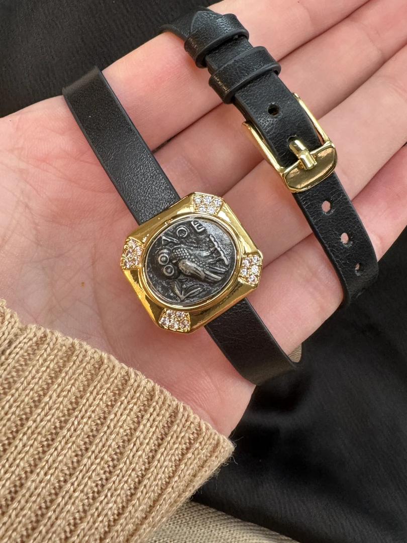 黄铜皮质项链 手链两带轻奢复古高档猫头鹰古币黑色项链