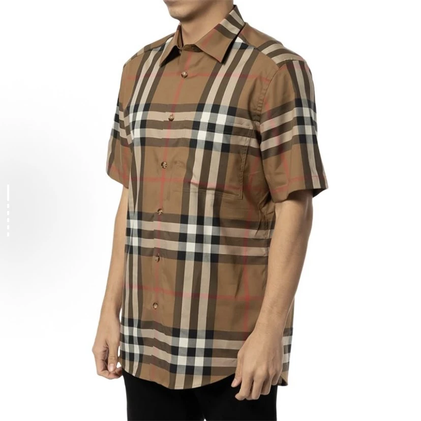 未使用 BURBERRY/博柏利 格纹单排扣翻领短袖衬衫 男款 棕色