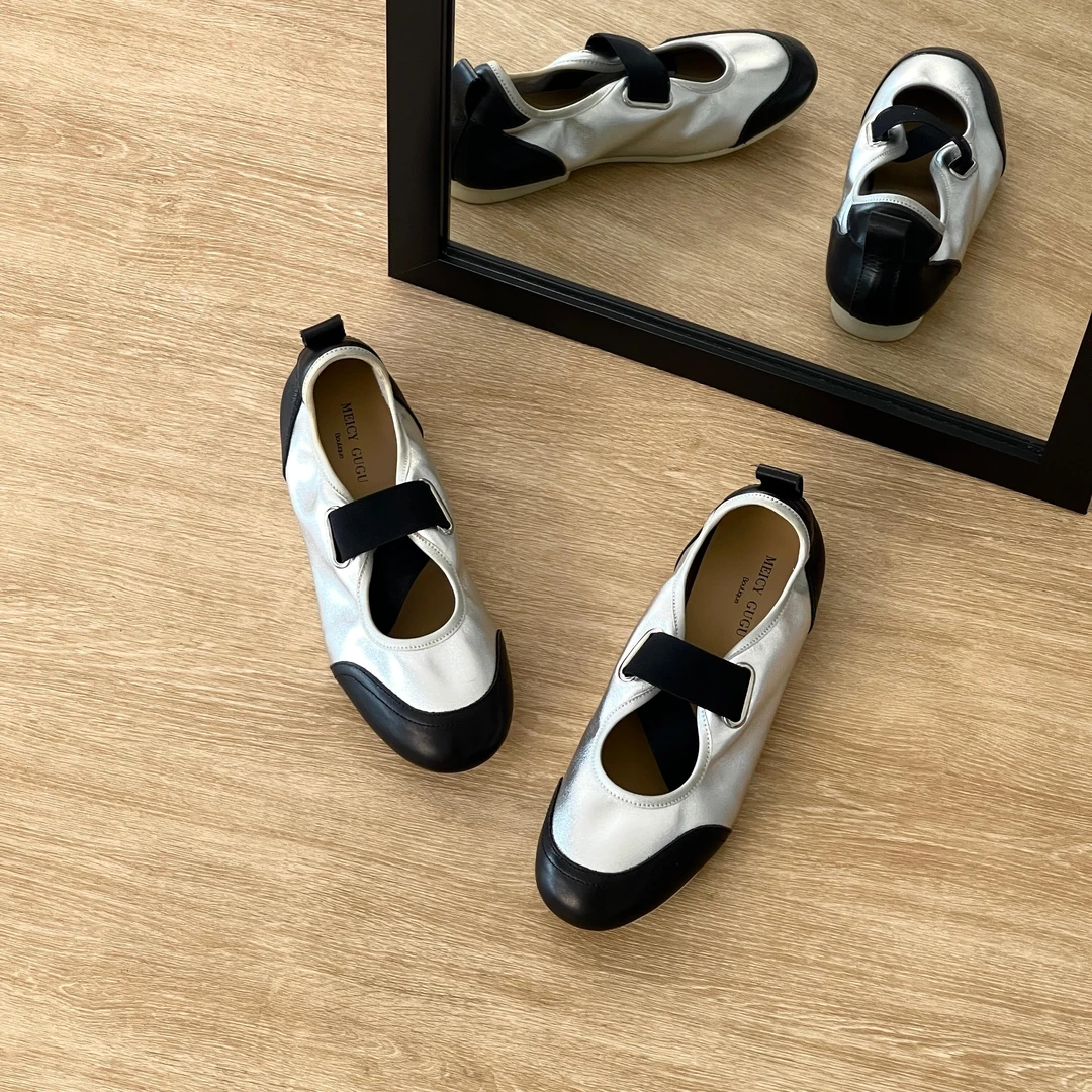 HUSSLOVE 牛皮·跟高1CM·复古休闲柔软松紧带拼接运动玛丽珍单鞋