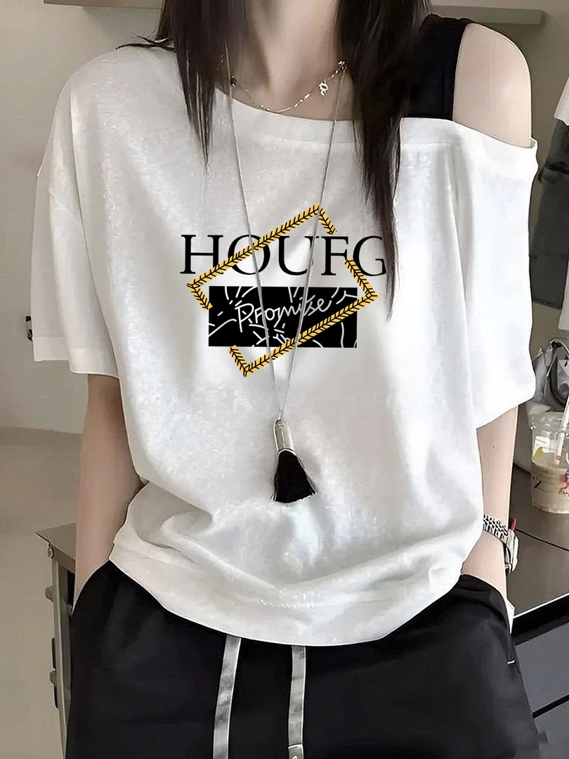 大码胖妹妹韩版斜肩吊带撞色字母印花短袖t恤女夏季宽松显瘦上衣