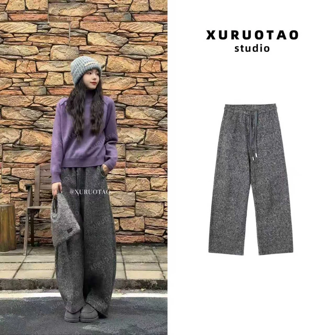 XURUOTAO【罗曼裤】羊毛加厚绒面松紧设计感显瘦花灰色裤子 T5768