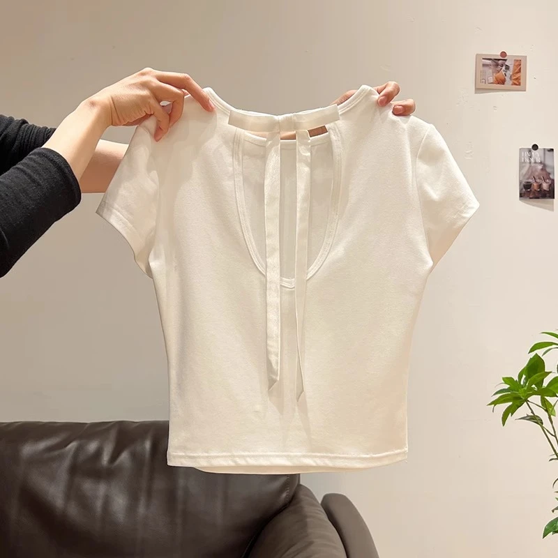 辣妹纯欲风露背镂空短袖T恤女夏季小众高级感炸街精致短款上衣潮