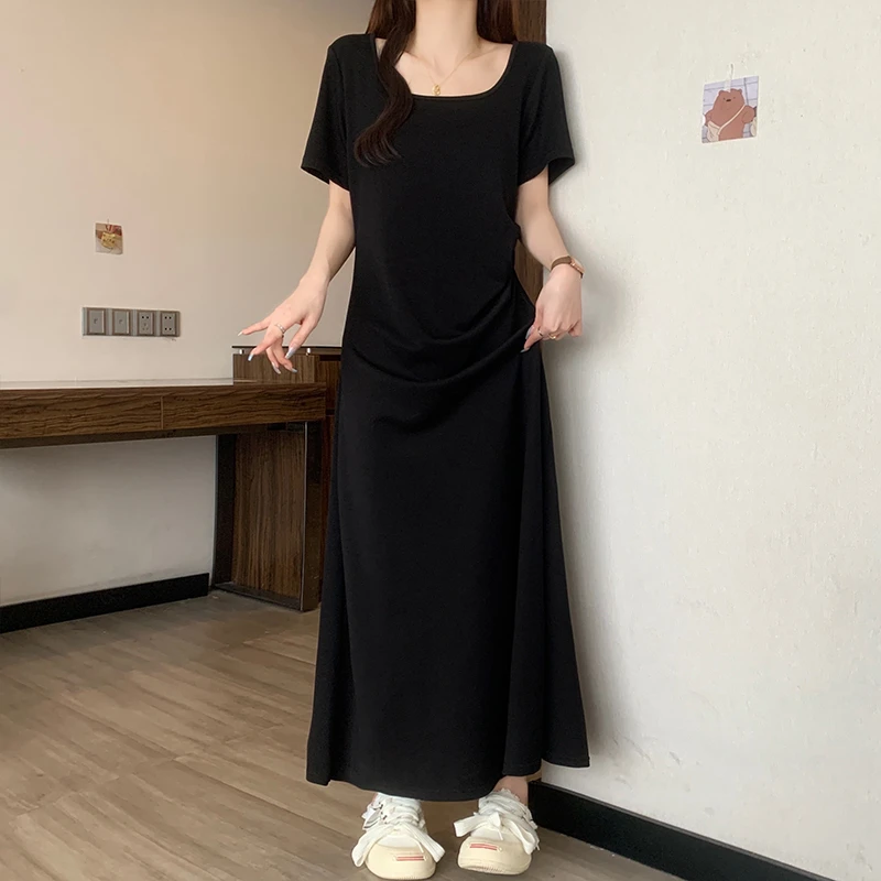 大码胖mm夏季新款复古松紧黑色高腰方领超仙气质温柔显瘦长裙子