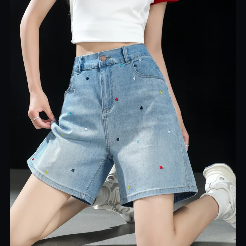 爱心波点刺绣牛仔短裤2025夏新款设计感个性四分直筒裤女宽松显瘦