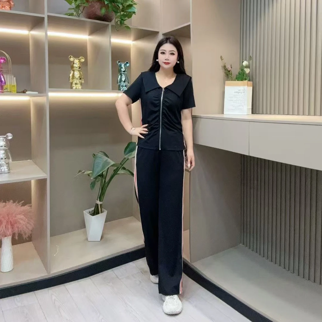 夏季套装-多 7484时尚潮流洋气条边休闲压褶胖MM大码女装新款