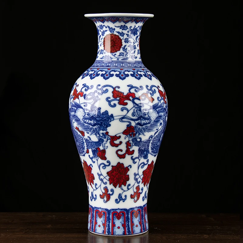 陶瓷器双龙戏珠粉彩青花花瓶插花景德镇新中式家居客厅装饰品摆件