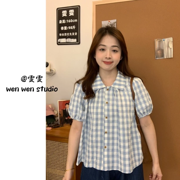 【雯雯】韩系甜美设计感小众Polo领格子减龄小衫