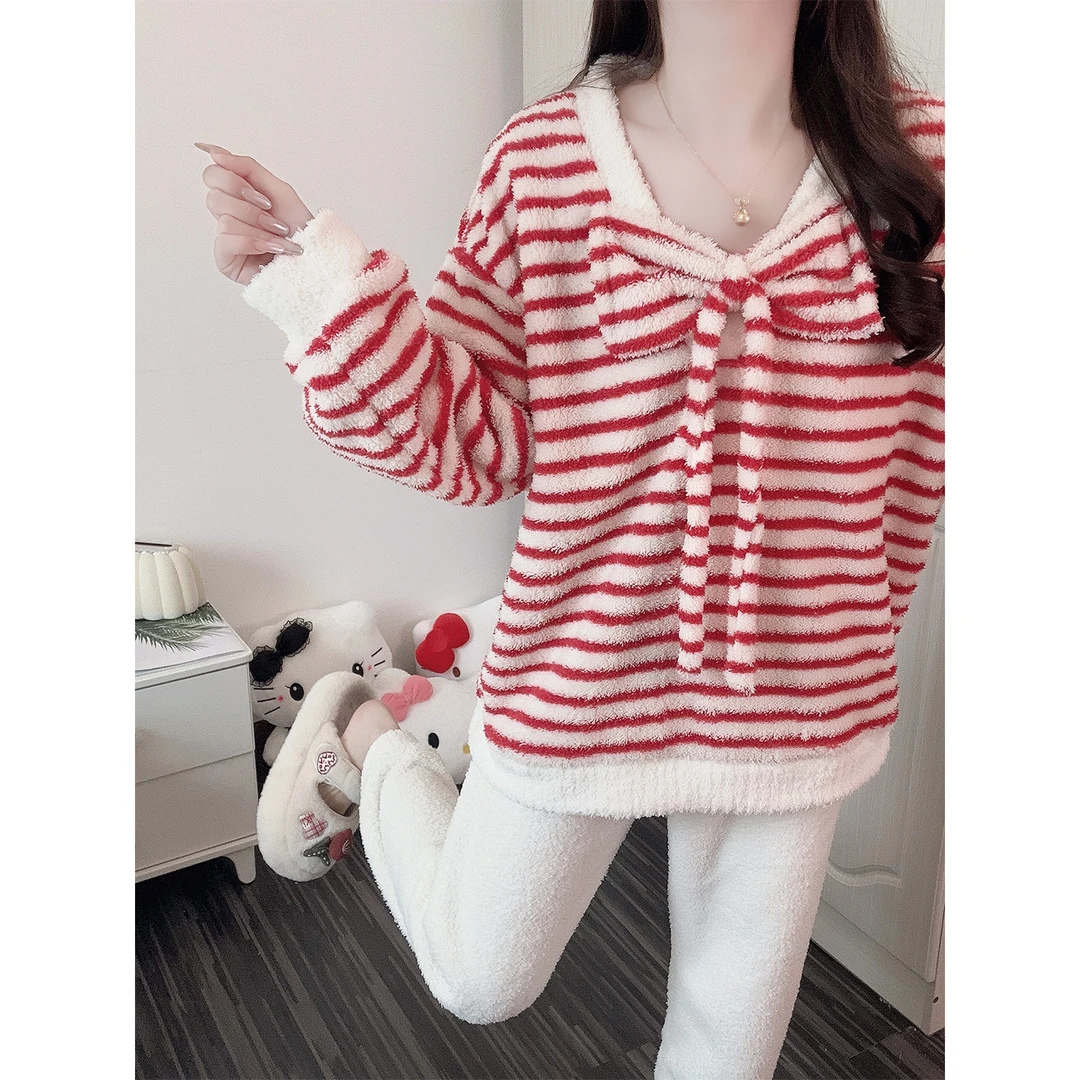 【半边绒】条纹睡衣女秋冬季甜美蝴蝶结加厚保暖家居服套装可外穿
