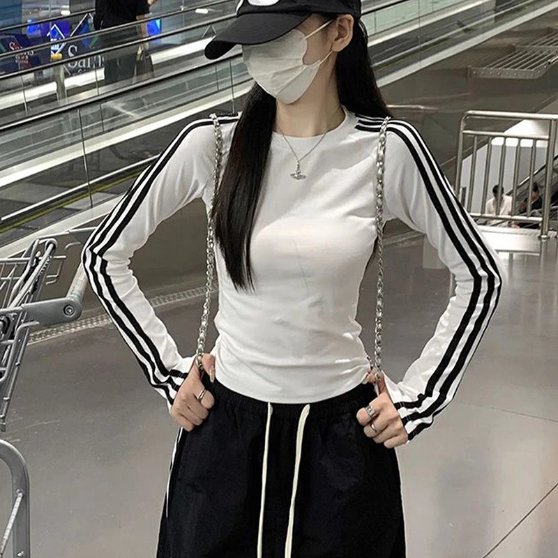 辣妹插肩袖打底冬杠条修身显瘦打底衫新款时尚洋气百搭上衣秋款女
