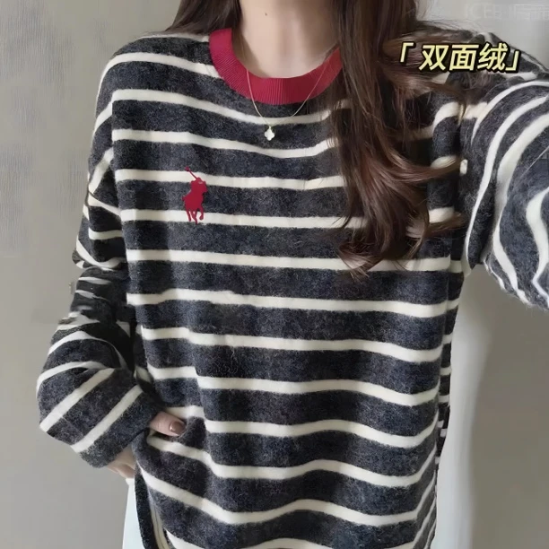 【松弛感-小马刺绣】外贸原单·情侣装撞色仿兔绒条纹宽松长袖24239