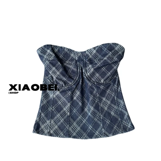 美式辣妹显瘦性感牛仔抹胸上衣格纹设计气质背心夏季