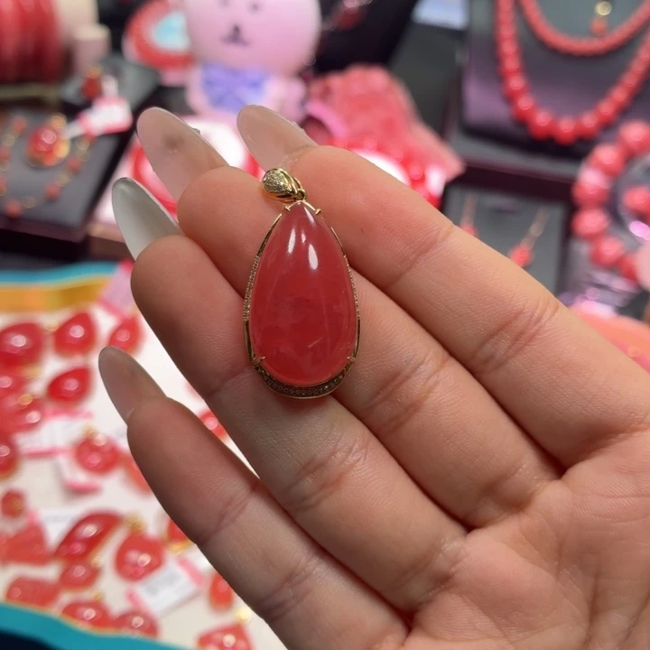 菱锰矿（红纹石）18K金镶嵌颈饰水滴吊坠9.18g