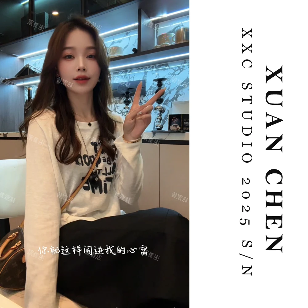 【跳跃字母】字母慵懒风圆领长袖印花T恤秋季设计感百搭上衣#8702