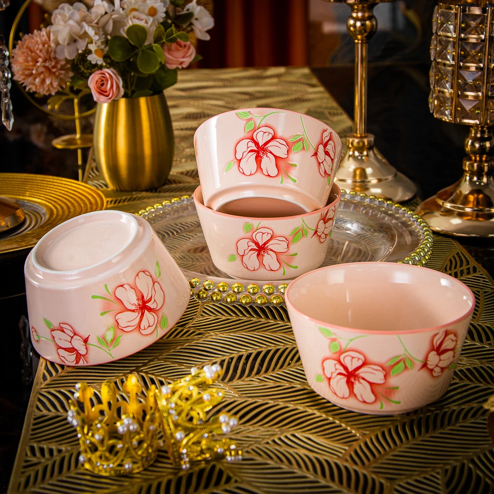 家用陶瓷餐具美二烧釉下彩木棉花4.5英寸米饭碗大肚碗吃饭碗