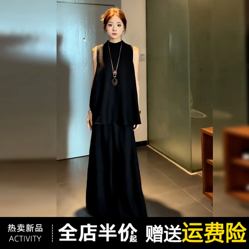 新中式国风禅意亚麻气质套装黑色无袖连衣裙子女夏季2025新款长裙