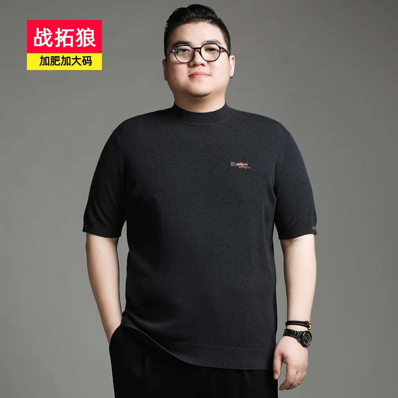 胖子男士大码宽松短袖羊毛针织衫春秋季新款胖子男款休闲圆领毛衣