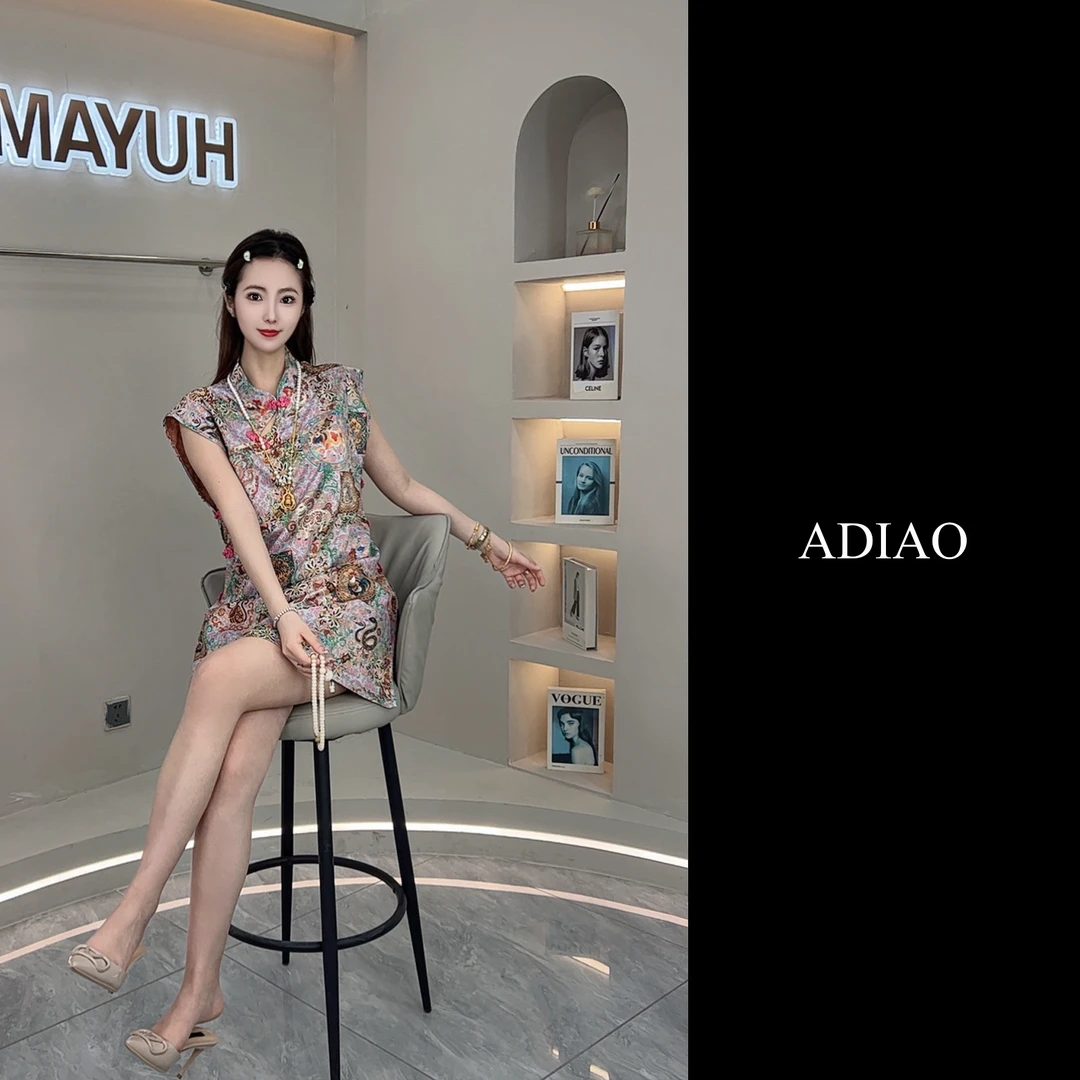 2025中长裙印花立领国风夏季连衣裙复古设计师中国风开叉旗袍