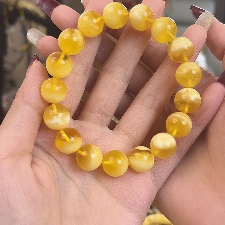 裸石琥珀未镶嵌12mm金瓷白手串16.8g
