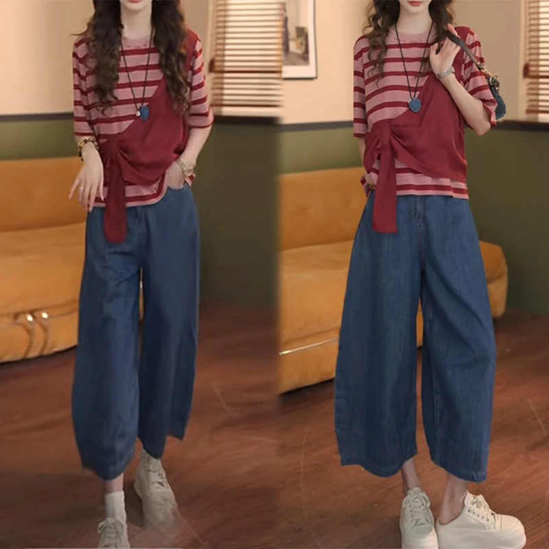 复古假俩件夏季短袖T恤休闲纯色轻薄阔腿裤一整套穿搭