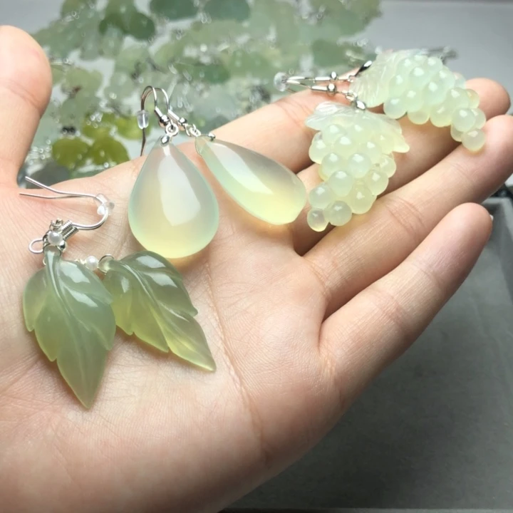 蛇纹石玉耳饰银S925镶嵌浅*